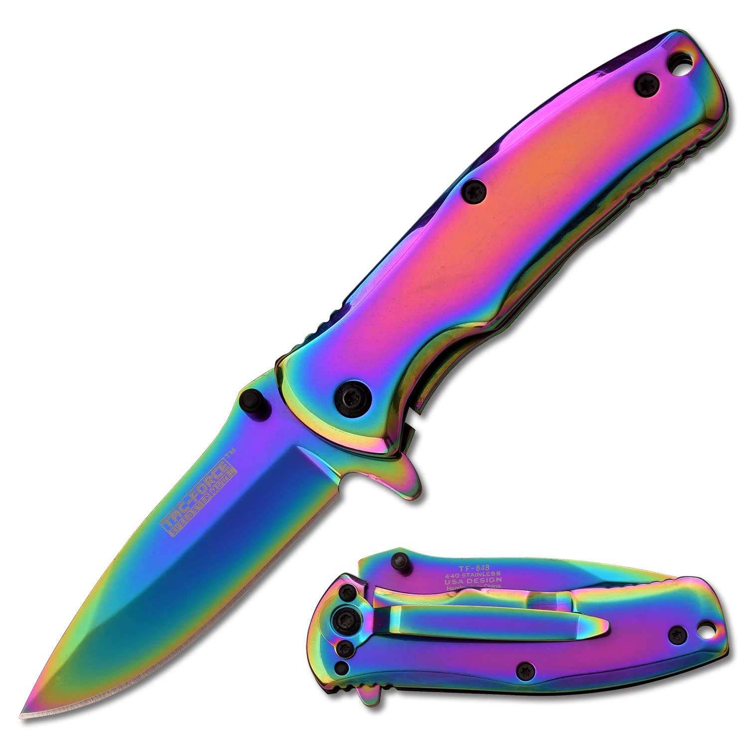 Tac-Force- Folding Pocket Knife – Rainbow TiNite Coated Stainless Steel Blade and Handle, Frame Lock and Pocket Clip, Tactical, EDC, Rescue - TF-848RB