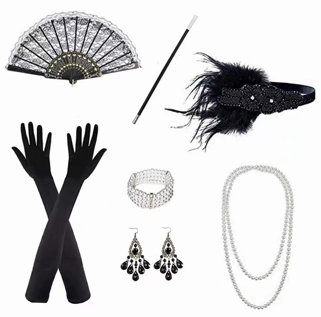MISHAER 1920 Accessories Set,1920s Accessories Flapper Set Pearl Necklace Great Gatsby Accessories for Women (1)