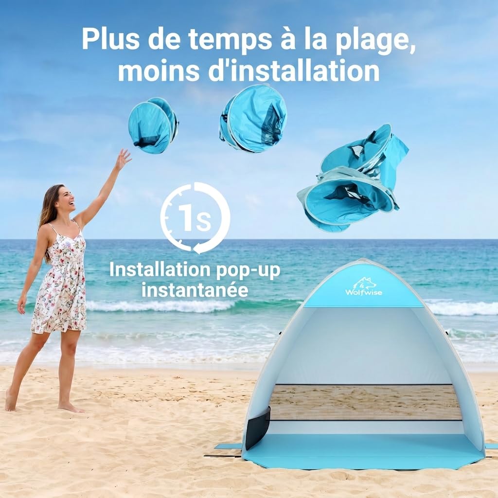 WolfWise Tente de Plage Pop-up UPF 50+ - Abri Solaire instantané Automatique Portable - Parapluie de Sport pour bébé