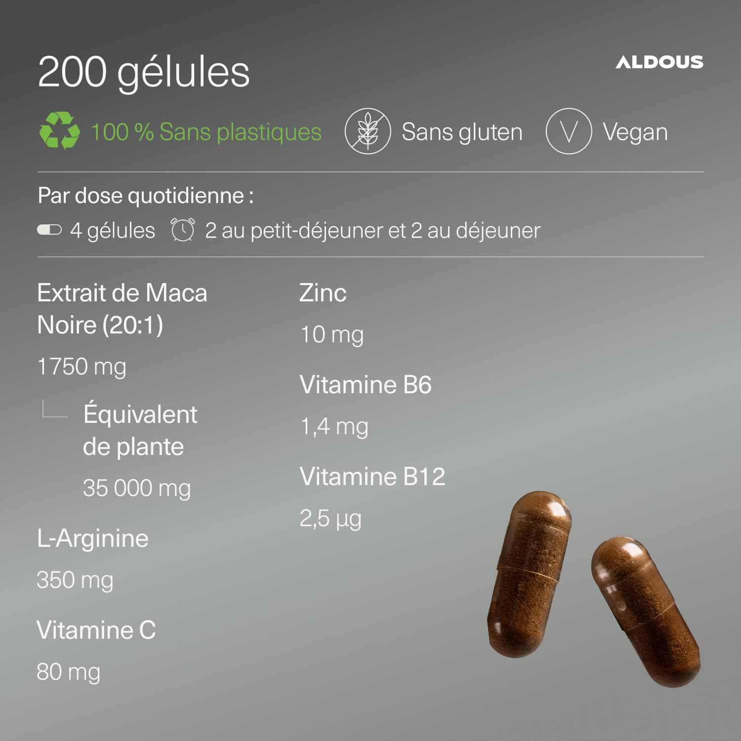 Maca Noire 35.000 mg - 200 gélules - Extra Forte - Extrait 20:1 - Avec Arginine, Zinc, Vitamine C, B12 et B6 - Maca du Pérou hautement concentrée - Régulateur hormonal, Énergie, Vitalité - ALDOUS