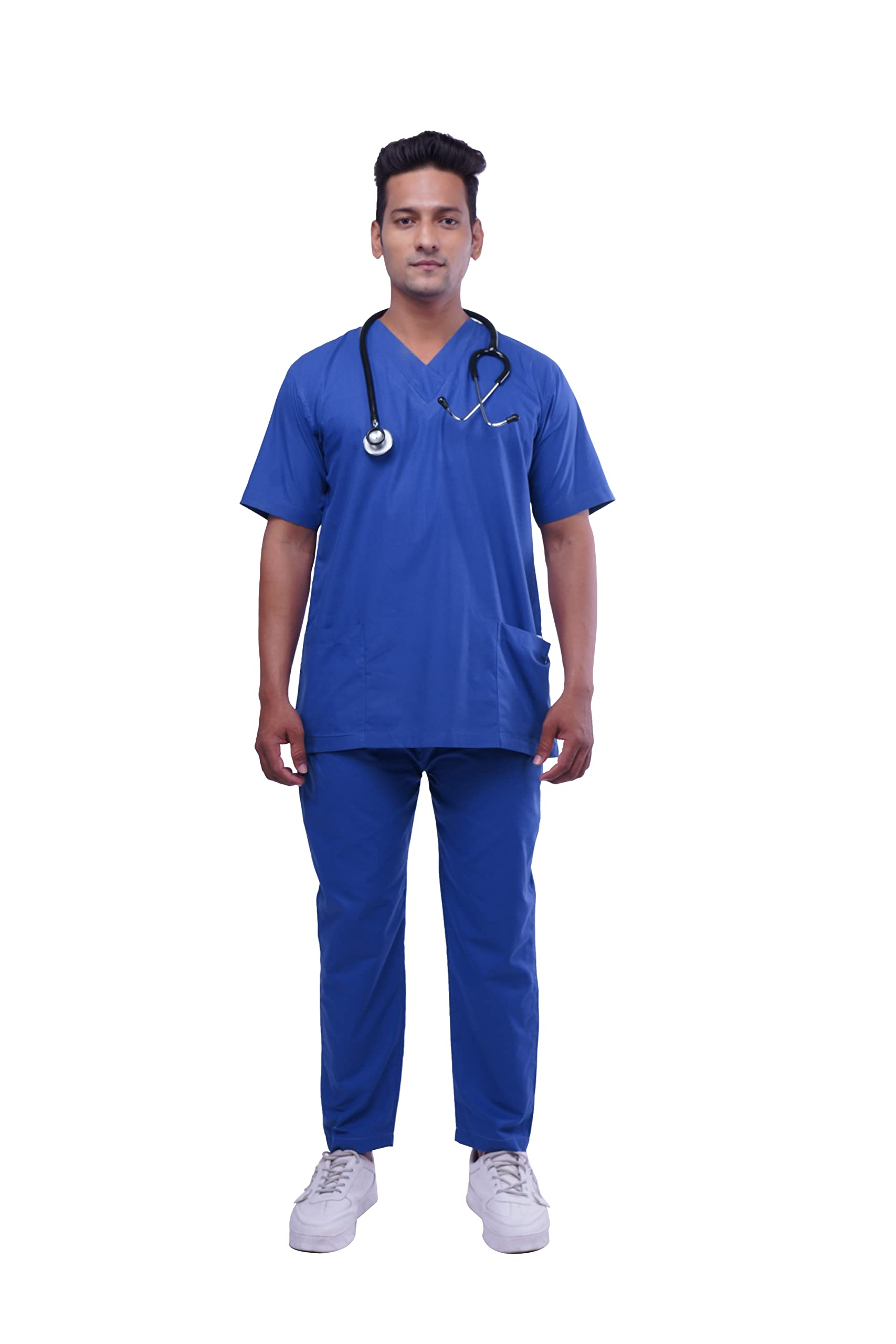 Being Cared Scrubs for Doctors Male| Men's Classic V Neck Scrub Suit in Basic Fabric, Professional Half Sleeves Uniform for Hospital Staff, 4 Pockets Scrub, Royal Blue, Size: Small