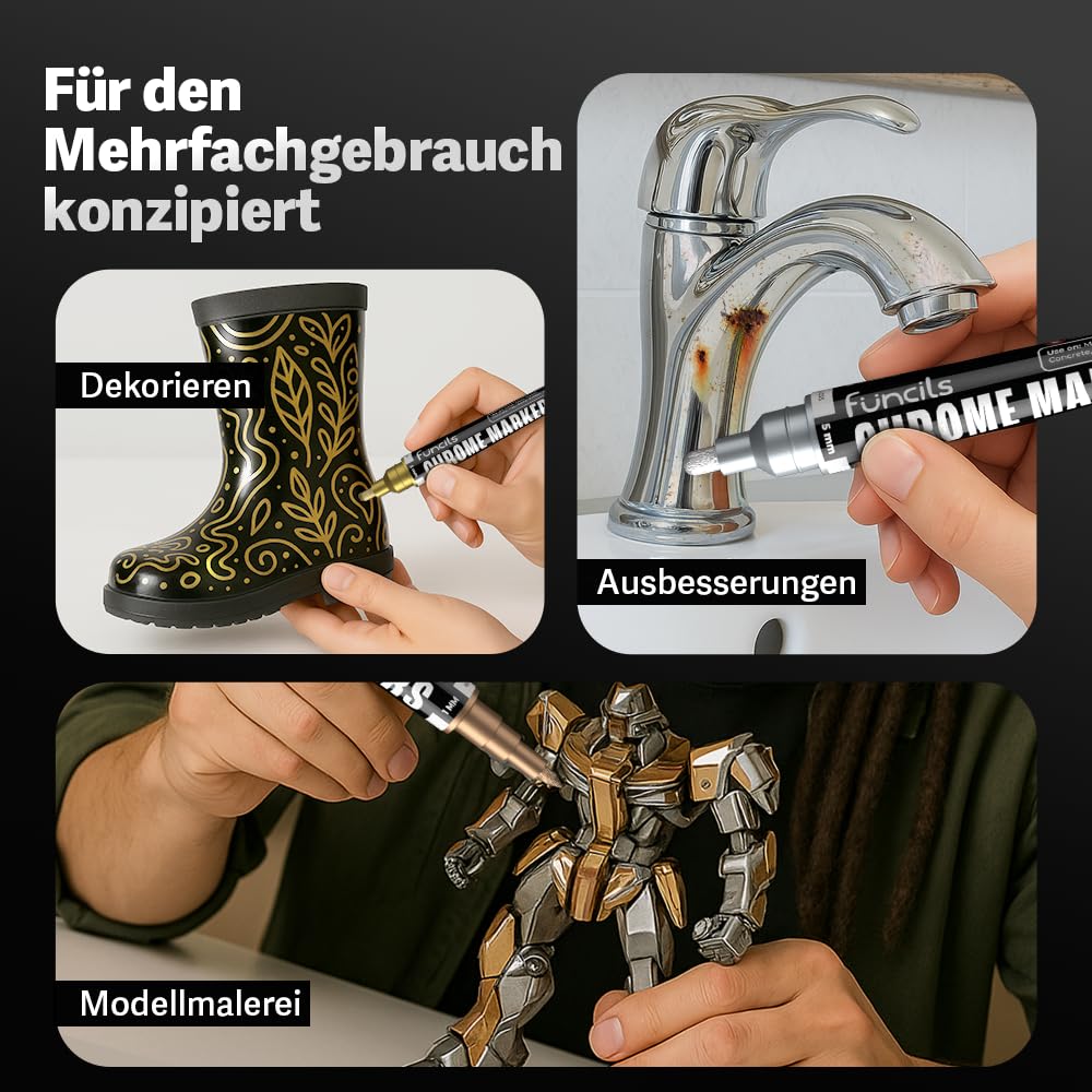 Chrom Lackstift Set - 4 Lackstifte Dual Spitze: 2x Silber, 1x Gold, 1x Kupfer | Lackstift Silber Metallic Auto, Chrom Farbe Gold, | Silberstift Metallic wasserfest für Auto, Glas, Metall