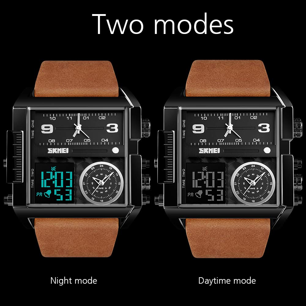 SKMEI Reloj deportivo digital para hombre, LED, cuadrado, esfera grande, analógico, de cuarzo, con cronómetro impermeable multizona horaria, Negro Marrón, Digital