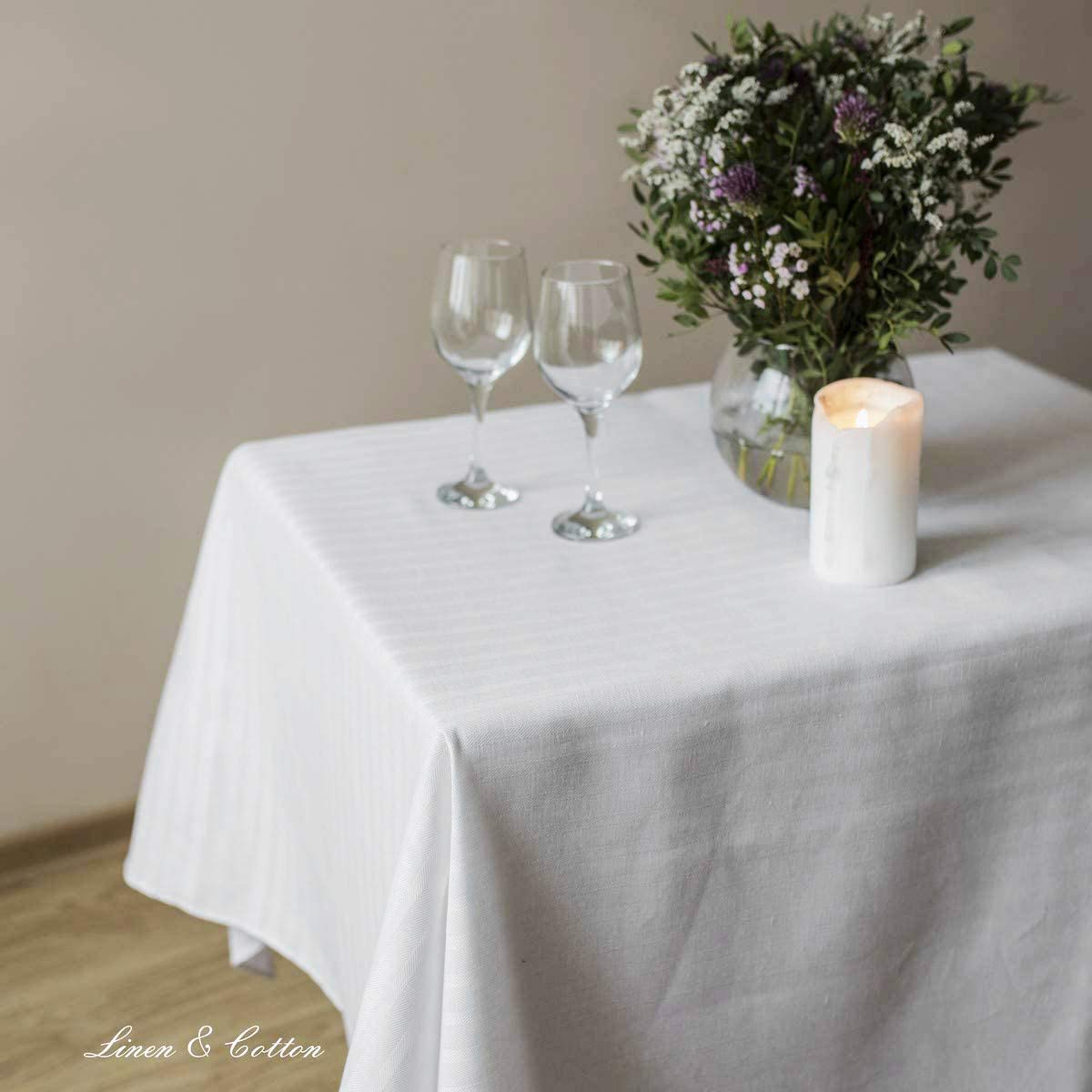 Linen & Cotton Mantel de Tela Jacquard Elegante Jasmine a Rayas - 48% Lino, 52% Algodón, Blanco (140 x 220 cm) Paño de Mesa Rectangular para Boda Recepciones Cumpleaños Banquete Restaurante Cena