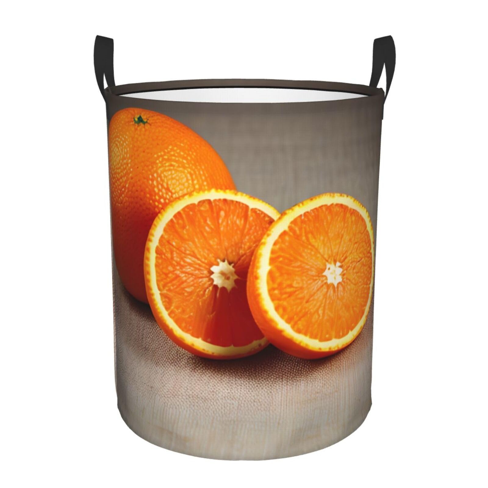 S Collapsible Round Orange Fruit Print Laundry Hamper