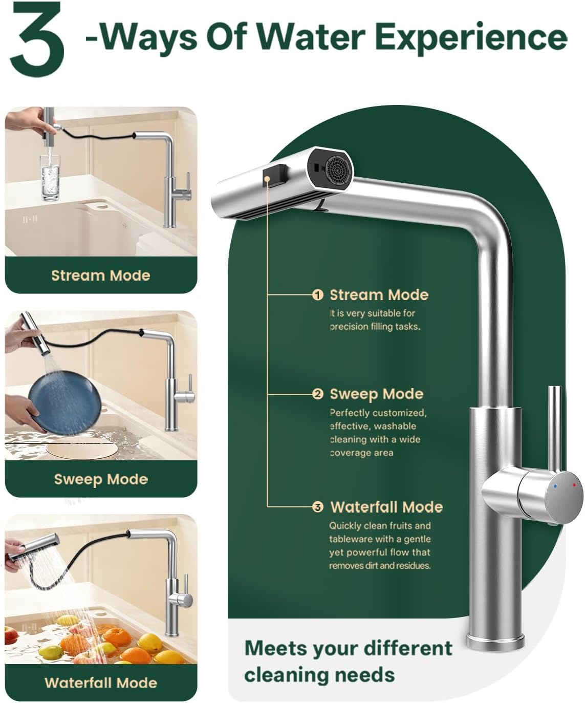 Brushed Stainless Steel Kitchen Faucets with Pull Down Sprayer,360 Degree Swievl Kitchen Sink Faucet, Bar Faucet with Three Spray Modes—Sweep, Stream, and Waterfall (Standard, Brushed Nickel)