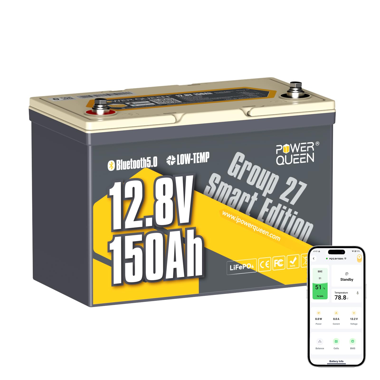 Power Queen 12V 150Ah Lithium Battery Group 27 Bluetooth RV LiFePO4 Battery