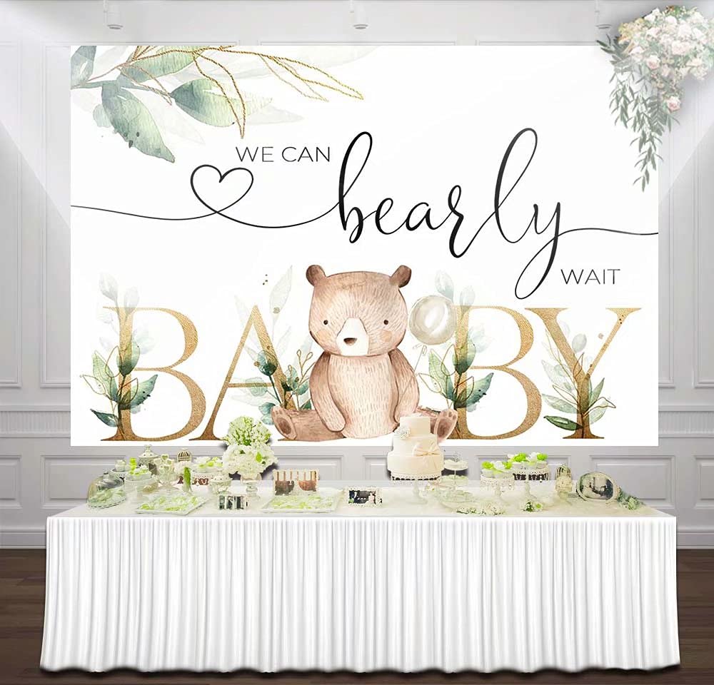HUAYIWe Can Bearly Wait Bear Theme Baby Shower Backdrop Floral Softer Pastel Neutral Background Teddy Bear Girl Boy Babyshower Banner Quite Sweet Bear Cake Table Scene Setter Mural Poster 7'x5'