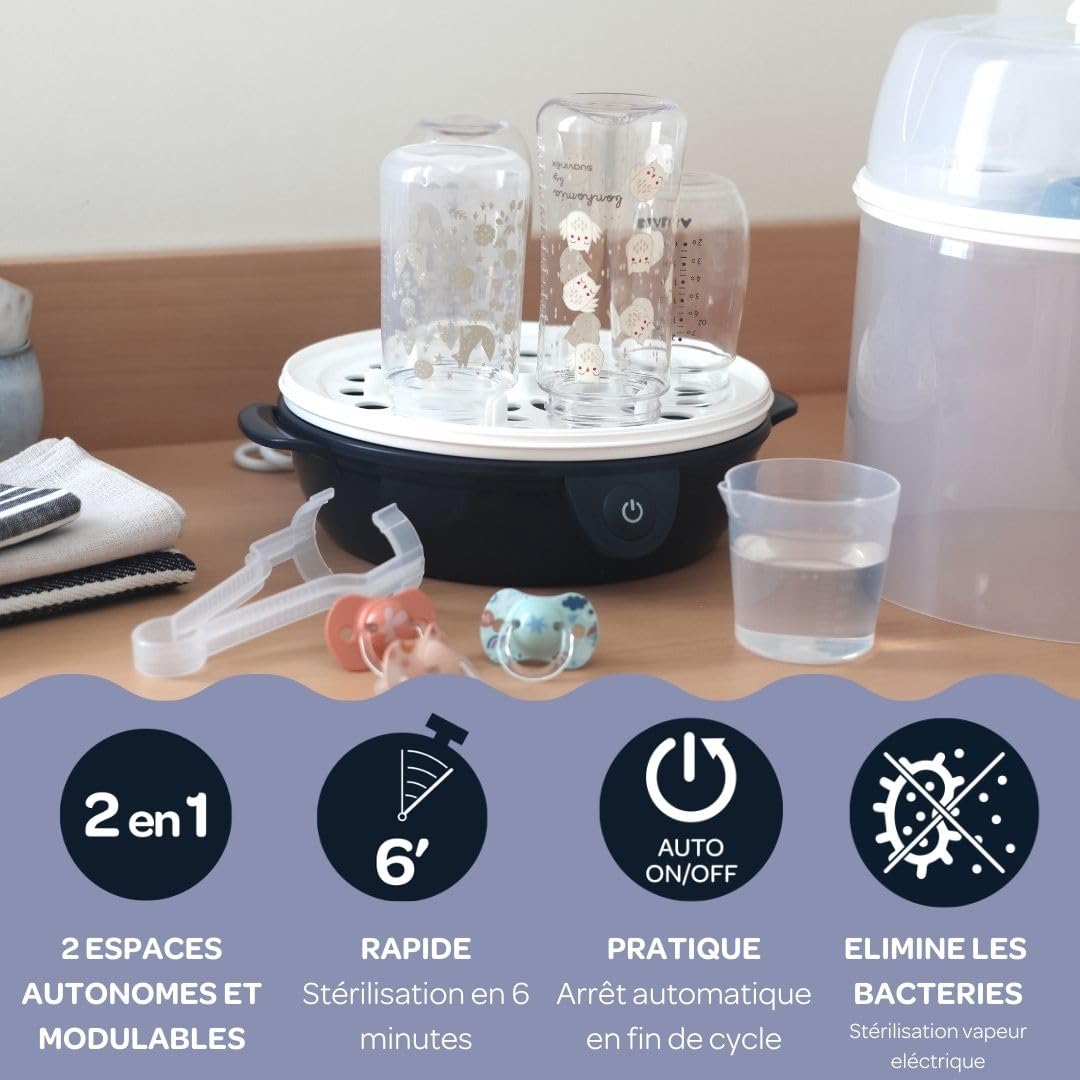 BÉABA, Stérilisateur Biberons 2 en 1, Evolutif, Électrique à Vapeur, 2 en 1, 2 Compartiments, Jusqu'à 8 biberons & Accessoires, Ultra rapide, Minuterie, Stéril'Express, Night Blue