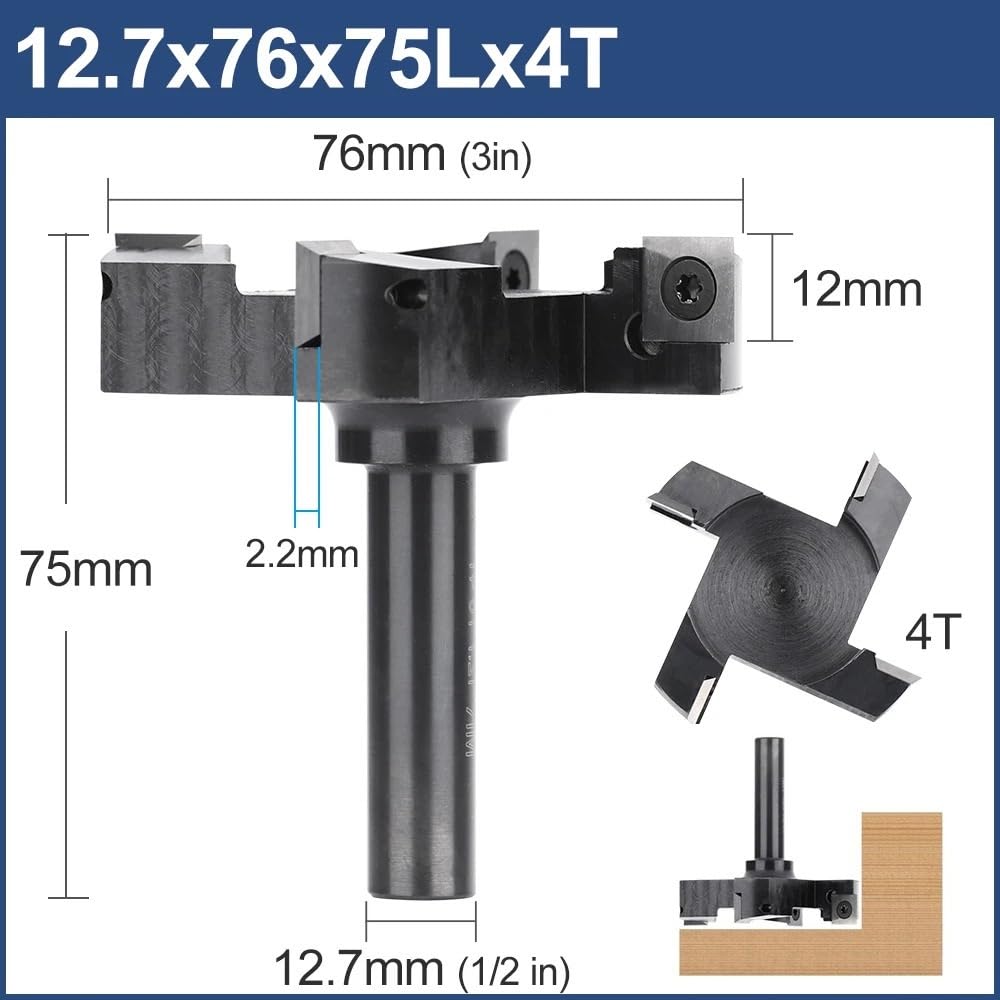 Frez do strugania drewna z trzonkiem 12,7 mm, frez do spłaszczania płyt z węglika spiekanego, frez do strugania płyt z węglika spiekanego, 2/3/4 ostrzy(76x75Lx4T)