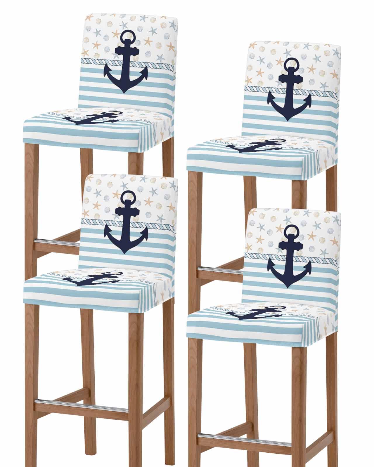 Boanket Coastal Nautical Bar Stool Covers Set of 4 - Stretch Dining Chair Cover, Blue Striped Starfish Shell Beach Kitchen Chair Slipcover Removable Counter Stool Cover for Island Chair, Pub