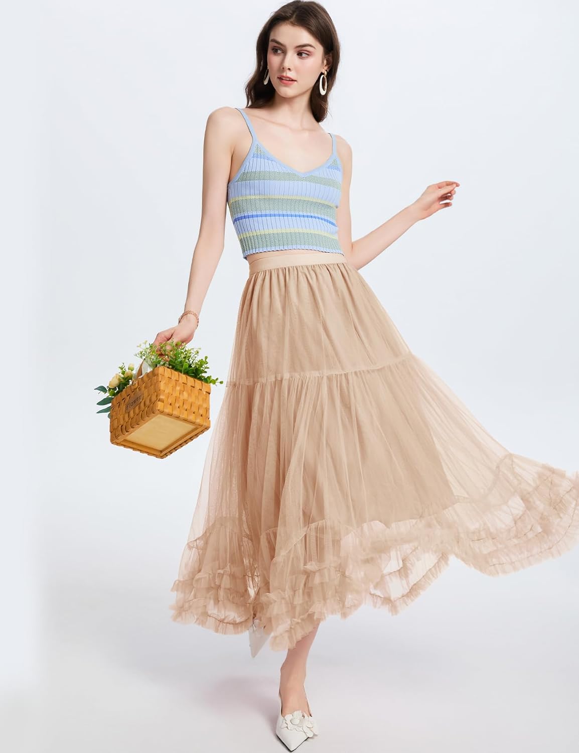 Flygo Women's Maxi Tulle Skirt Long Tiered A Line Mesh Tutu Fairy High Elastic Waist Pleated Layered Skirts - Image 6