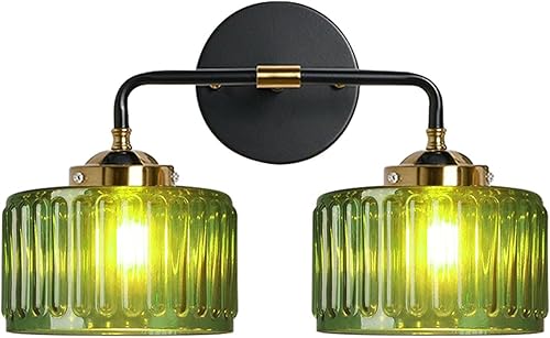 Miniatura 1 de Lámparas de baño de mediados de siglo, aplique de pared con 2 luces con pantalla de rayas verdes, luz de montaje en pared de vidrio, luces modernas