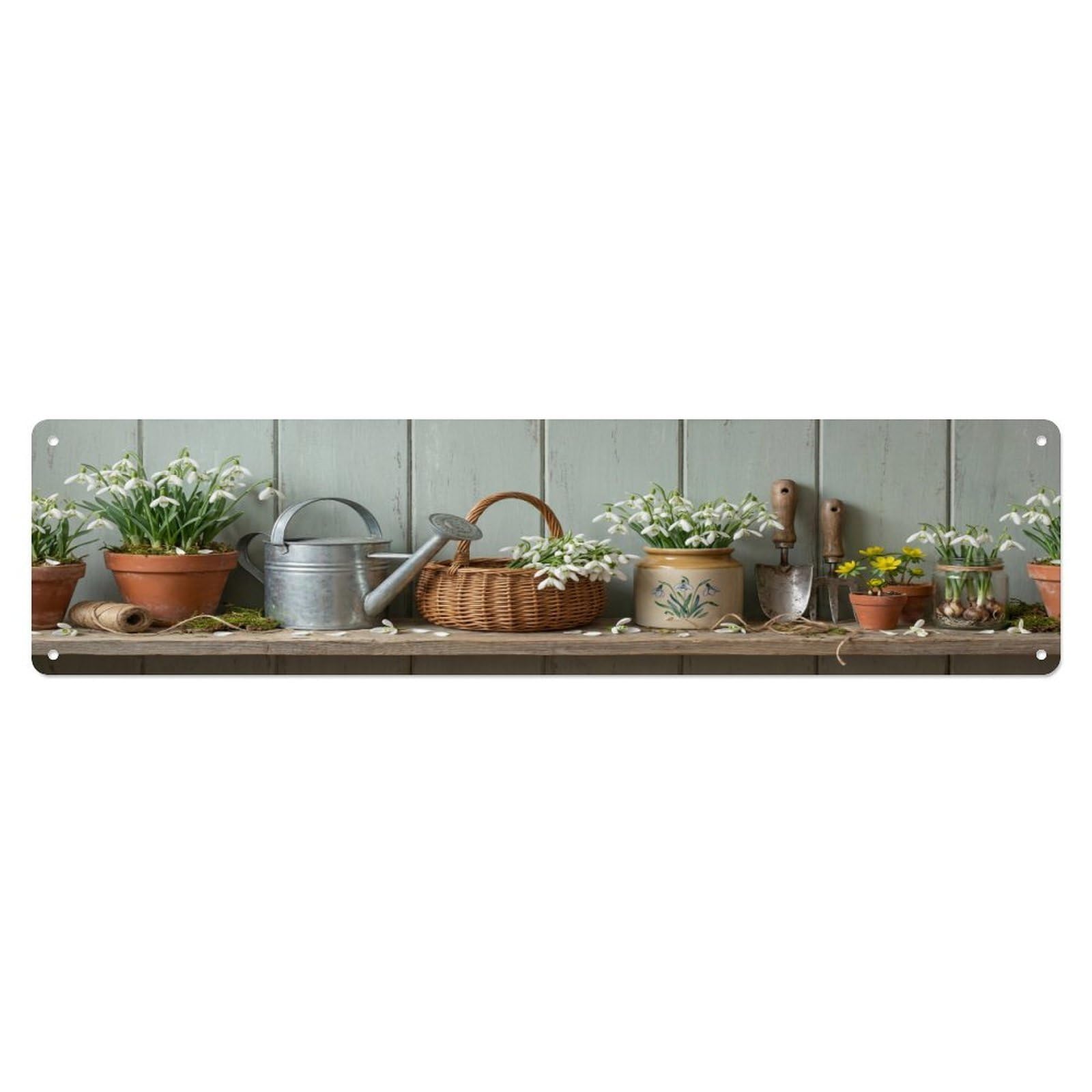 Floral Garden Tools Snowdrop Pot Pattern Print Metal Tin Sign
