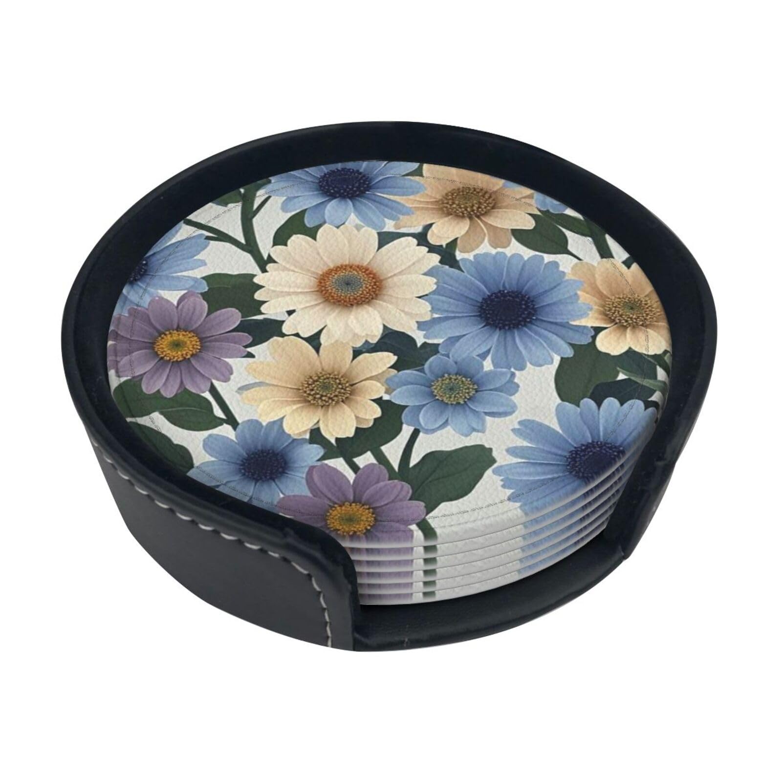 Blue And Light Beige Flowers Coasters For Drinks Set Of 6 Leather Tea Cup Coaster Drink Coasters For Cup Kitchen Bar Home Decor Housewarming Gift