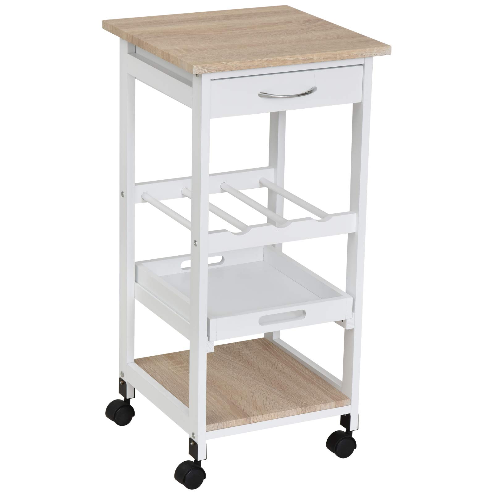 HOMCOM Carrito de Cocina Carro de Servicio de 4 Niveles con Ruedas Cajón Estantes Botellero Almacenaje para Cocina Sala de Estar Comedor 37x37x76 cm Blanco