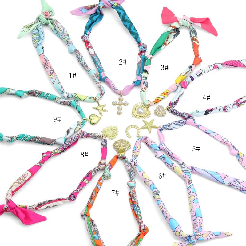 Convertible Silk Scarf Necklace, Adjustable Statement Jewelry with Gold-Plated Charms, 90cm Length (Scarf with LD746#2 Pearl cross, #3)2