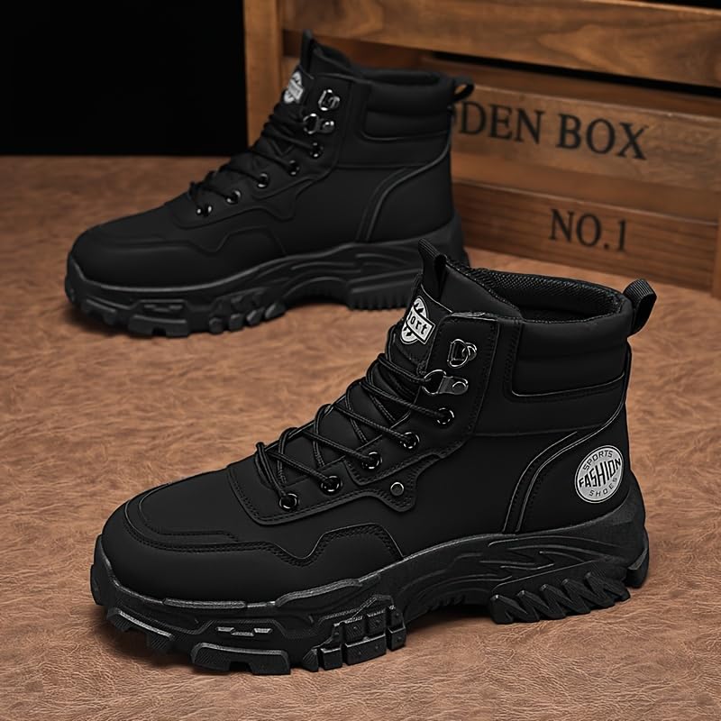 High-Top PU Leather Hiking Boots Men's Style, Street Sports Black Motorcycle Work Boots, Casual Round Toe Lace-Up Shoes, Universal Fit for Spring/Fall, All-Season3