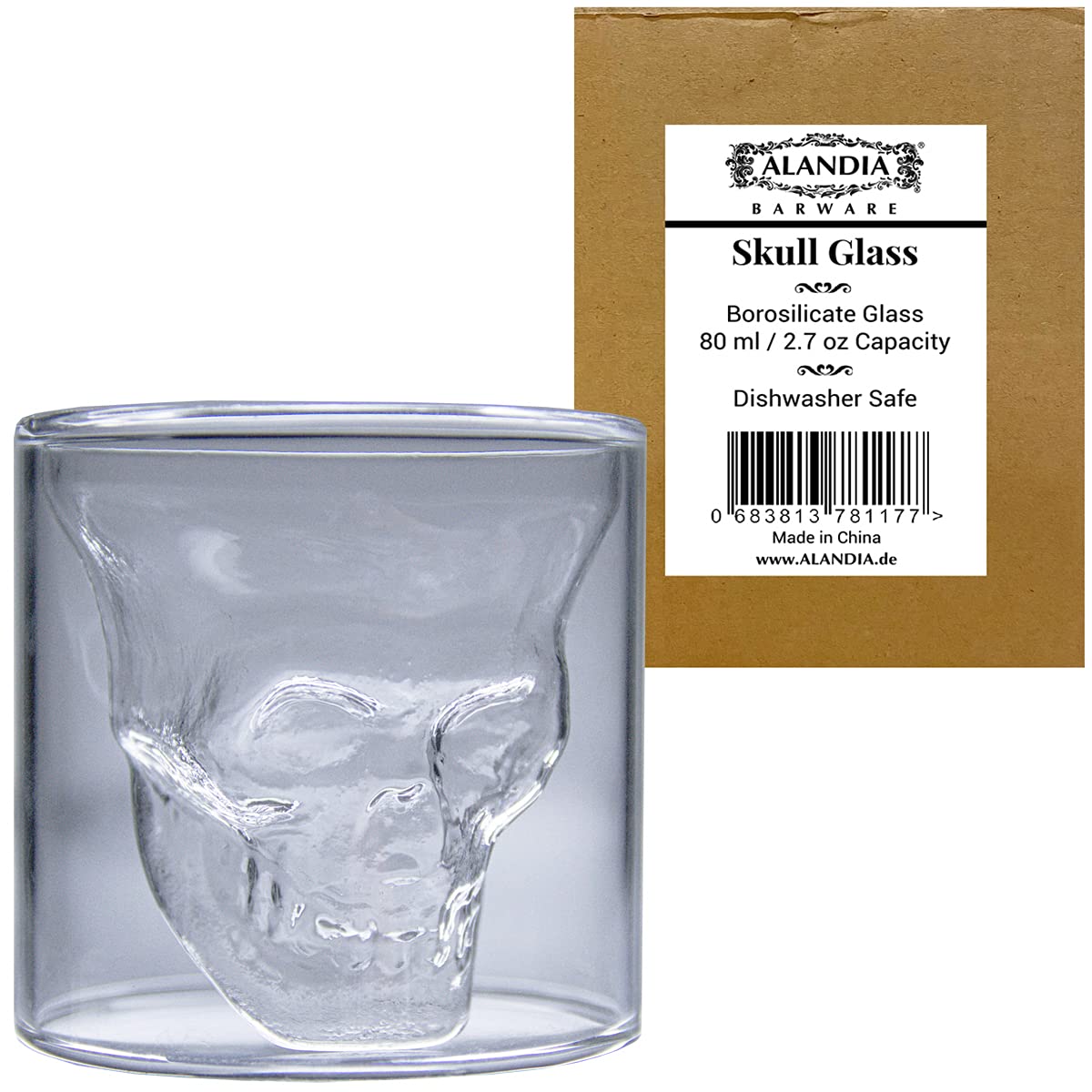 ALANDIA Set di 6 Bicchieri con Teschio | Ideali come Bicchieri da Assenzio o Bicchieri da Liquore | 80 ml (non 25 ml)