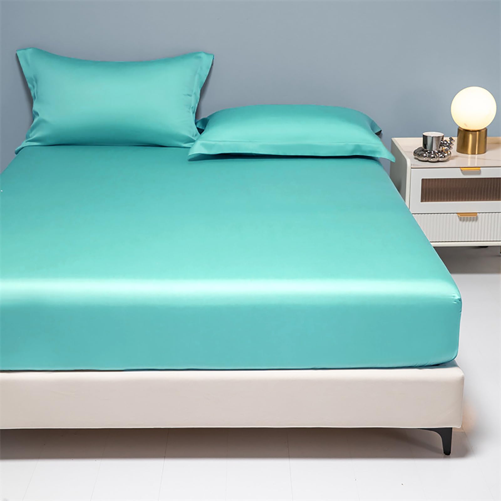 Wotcsil Satin Fitted Sheet King Turquoise Silky Deep Pocket (30cm) Satin Silky Bed Sheets Only Bedsheet Soft and Breathable, Green Blue, 150 x 200cm