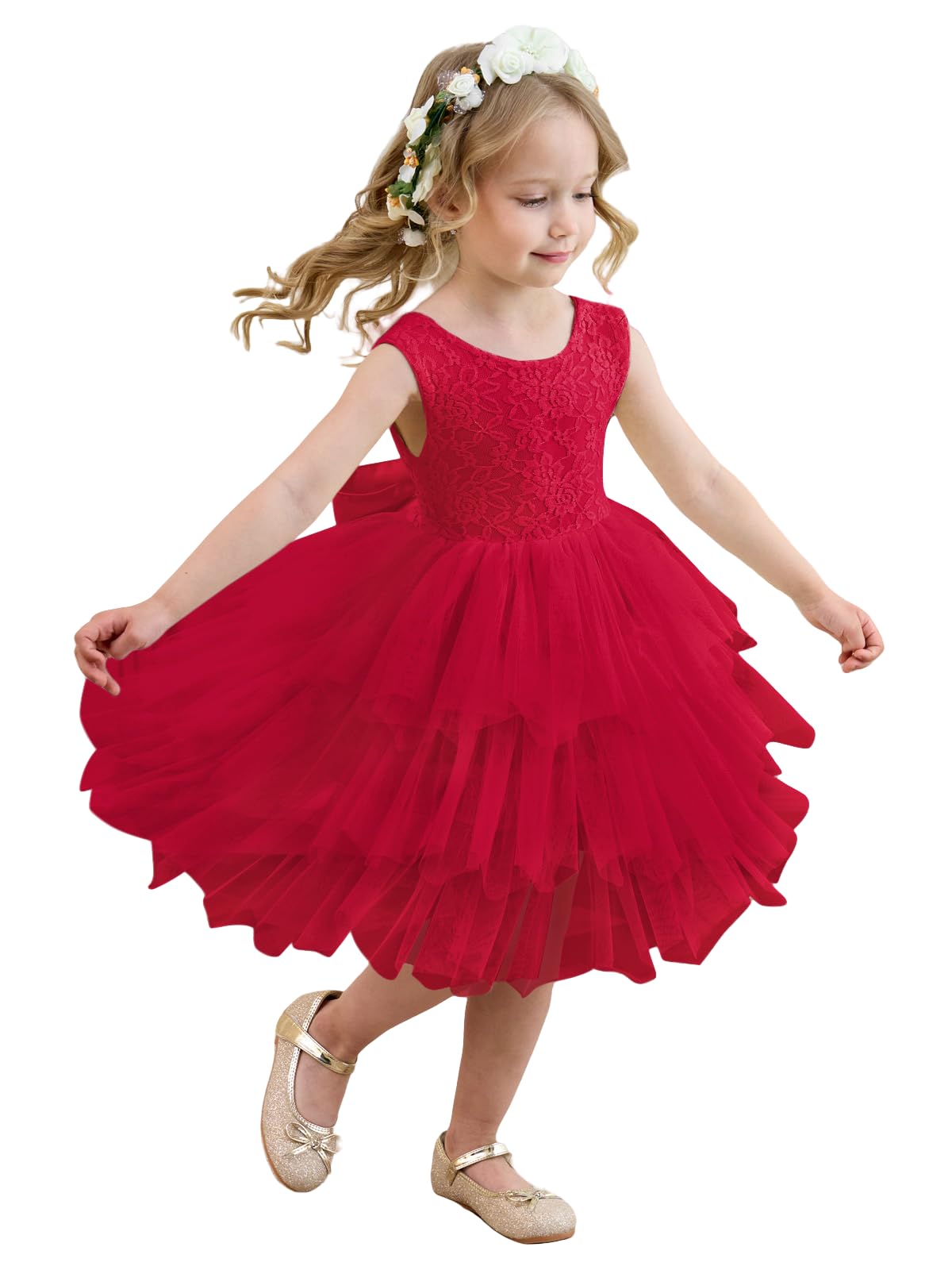 Kismissal Flower Girl Dress Baby Girls V-Back Lace Tulle Toddler Tutu Dress for Wedding Communion Birthday Party
