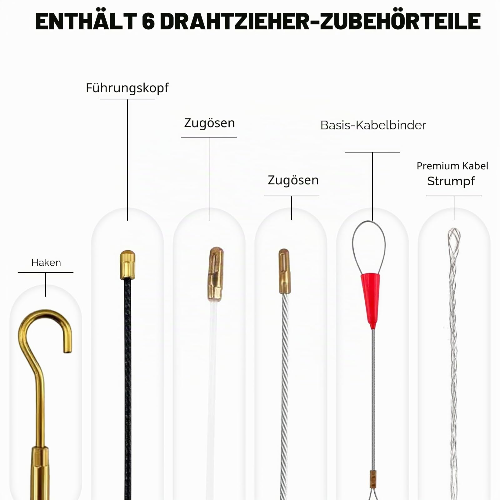 Kabeleinziehhilfe 30m, 4mm Einziehspirale, Zugdraht für Leerrohre mit 6 Adapter, Kabelziehhilfe mit Kunststoffgehäuse und Handgriff, Einzugshilfe Kabel für Elektroarbeiten