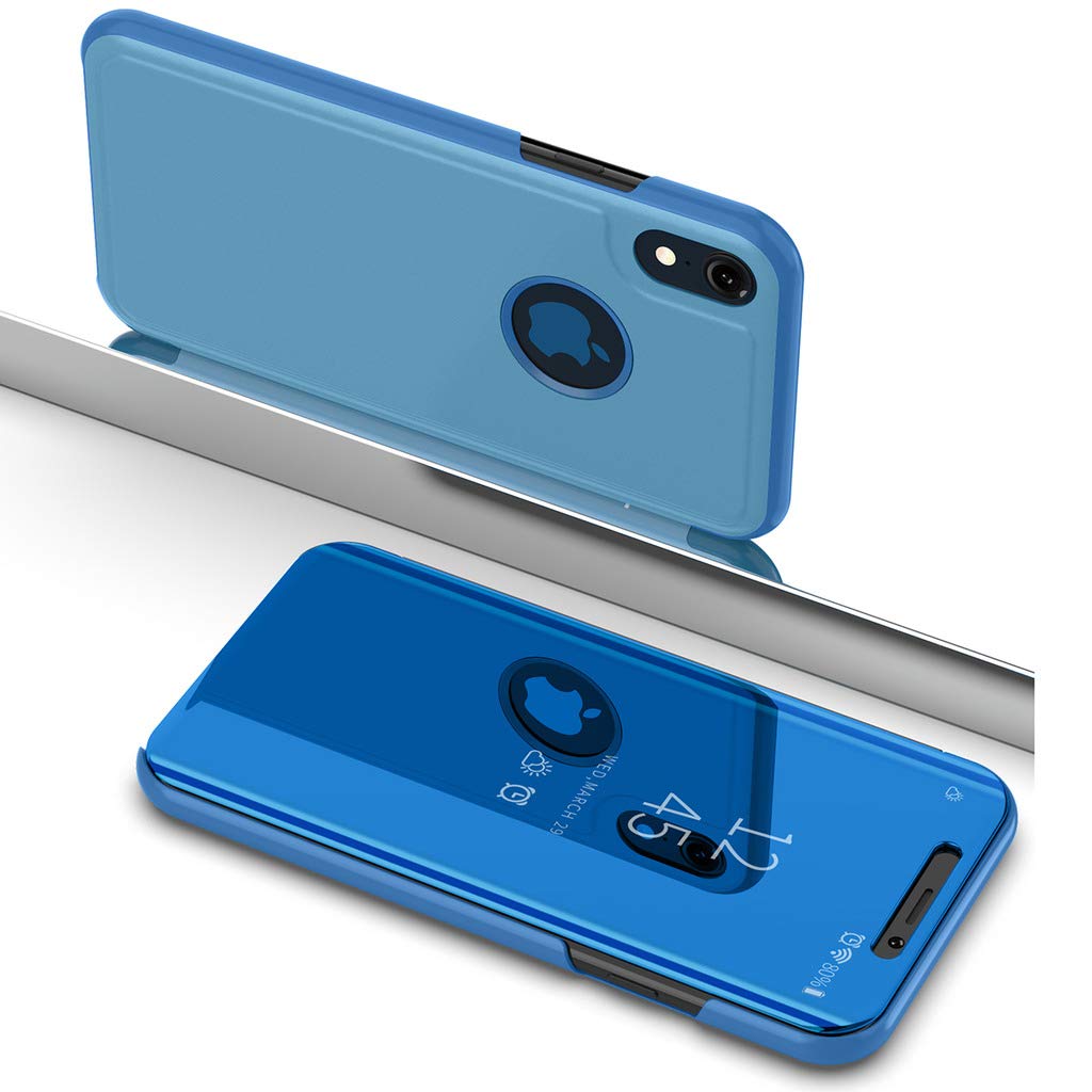 iPhone XR Flip Case, Eabuy Mirror Plating Hard PC +PU Leather Semi-transparent Standing View Case Cover for iPhone XR Blue