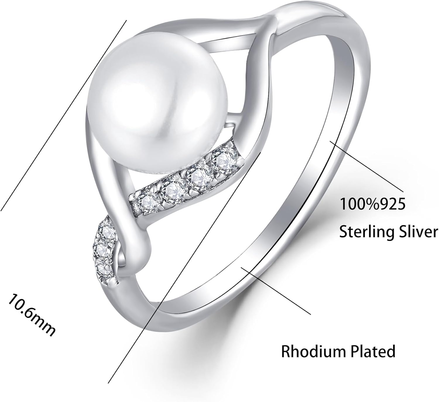 JO WISDOM Pearl Ring,925 Sterling Silver Infinity Cubic Zirconia Women's Rings with 8mm Simulated Mother's of Pearls