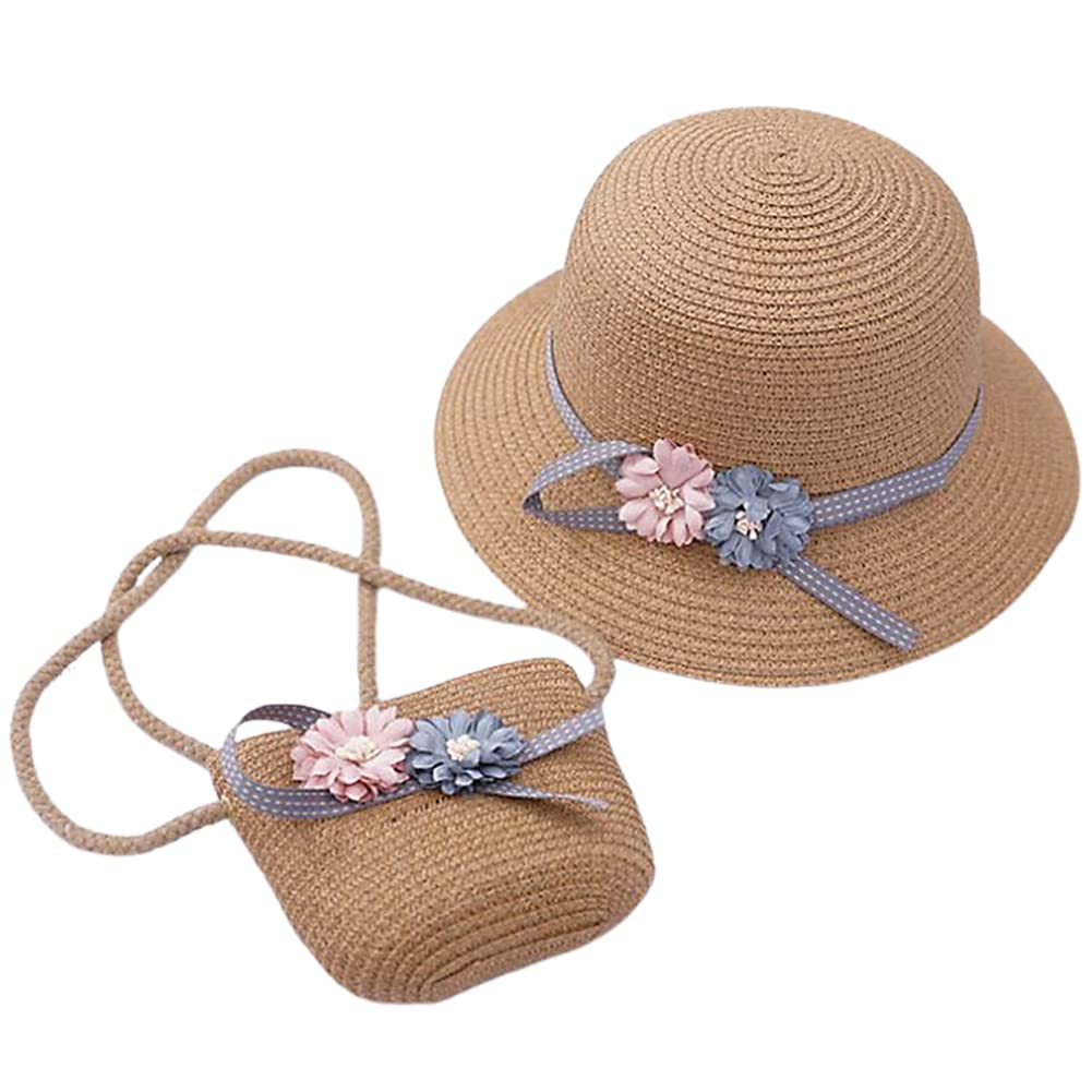 REYOK Sombrero de Paja Niña Gorra de Sol Chica y Bolsillo Set,Accesorio Floral Caqui Alas Anchas Transpirable para Viaje Beach Piscina al Aire Libre 3-7 años