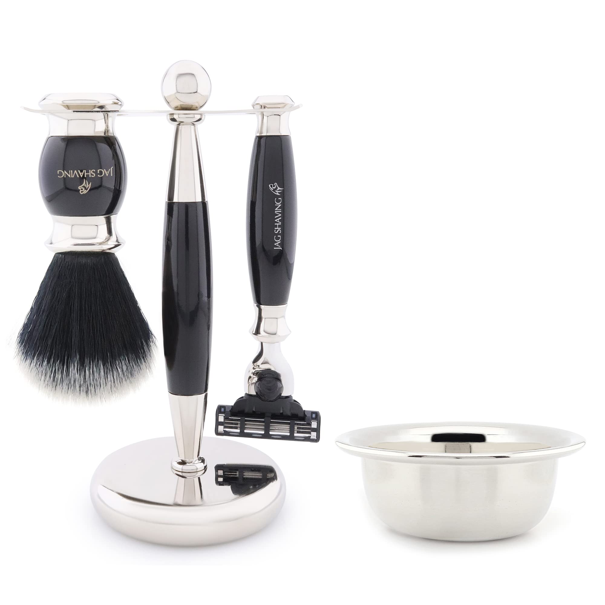 Jag Shaving Zestaw do golenia – 4-częściowy zestaw do golenia – JAG's LEE Range – czarny pędzel do golenia z włosia syntetycznego – 3 krawędzie ostrza do golenia – miseczka do golenia – stojak do golenia, zestaw upominkowy