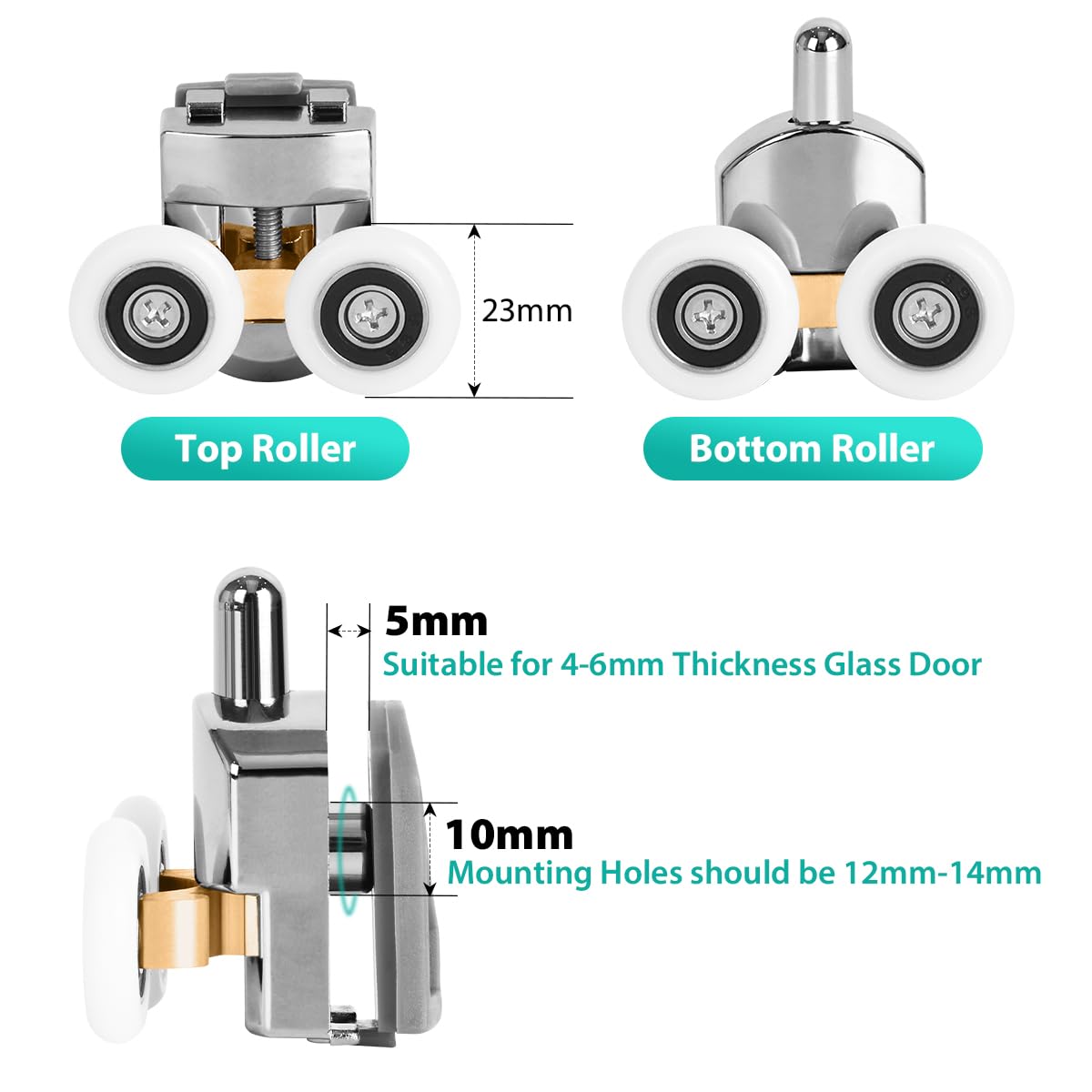 8 Pieces 23mm Shower Door Rollers Replacement Curved Shower Door Wheels Bathroom Shower Screen Roller Door Runners, Fits 4-6mm Glass - Image 2