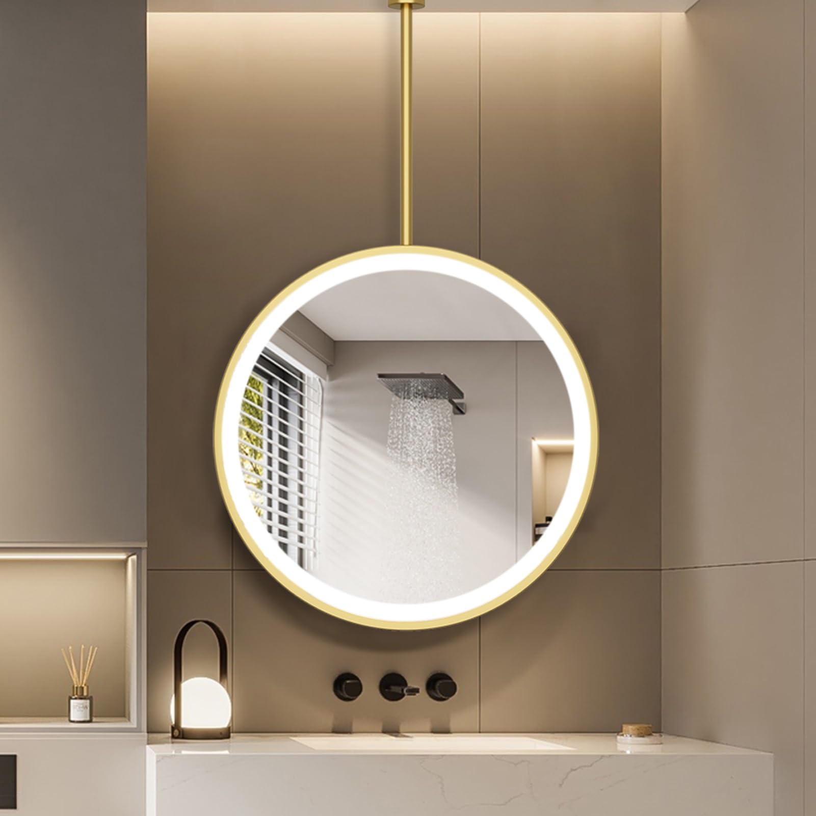 SXFSDOU Round LED Mirror - Hanging Rod Bathroom Mirrors for Home or Hotel Vanity Mirror, 3 Colour Dimmable Light, Wall Mounted Metal Framed Customizable Boom(Diameter-70CM/27.6INCH)