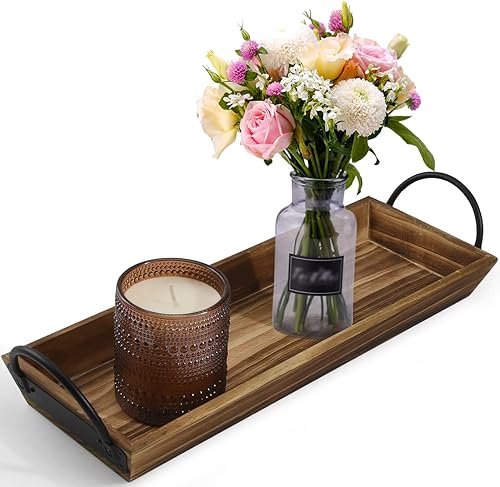 Bandeja de madera de pino portavelas con asas de metal negro centro de mesa rectangular para mesa de comedor rústica accesorios de decoración del