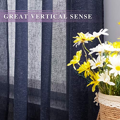 NICETOWN Linen Sheer Curtains for Bedroom Window, Grommet Semi Sheer Linen Curtain Panels Vintage Natural Wave Privacy Flax Draperies for Hall/Villa, Navy Blue, W52 x L84, Set of 2
