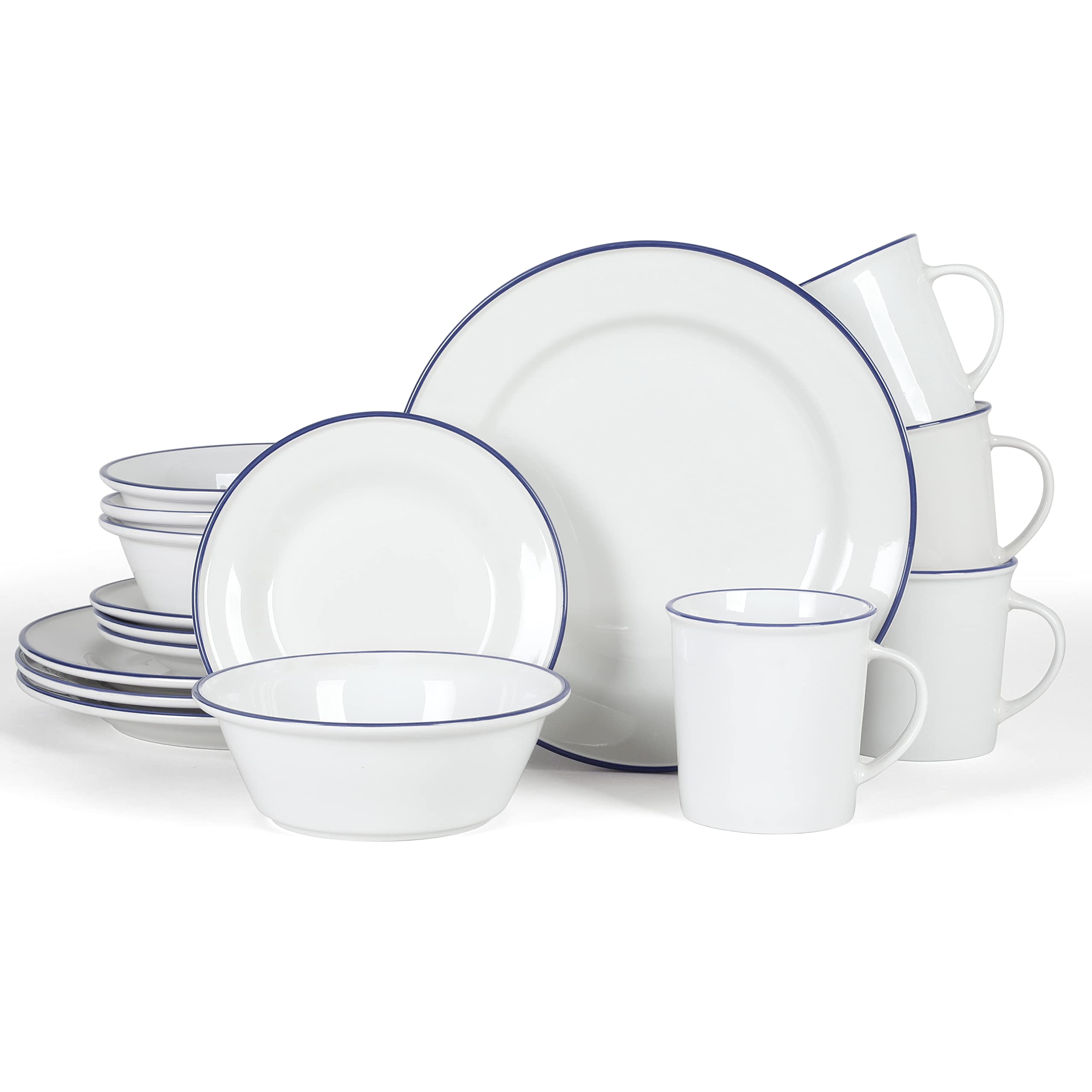 Martha Stewart Cliffield Porcelain Dinnerware Set - White w/Blue Rim, Service for 4 (16pcs)