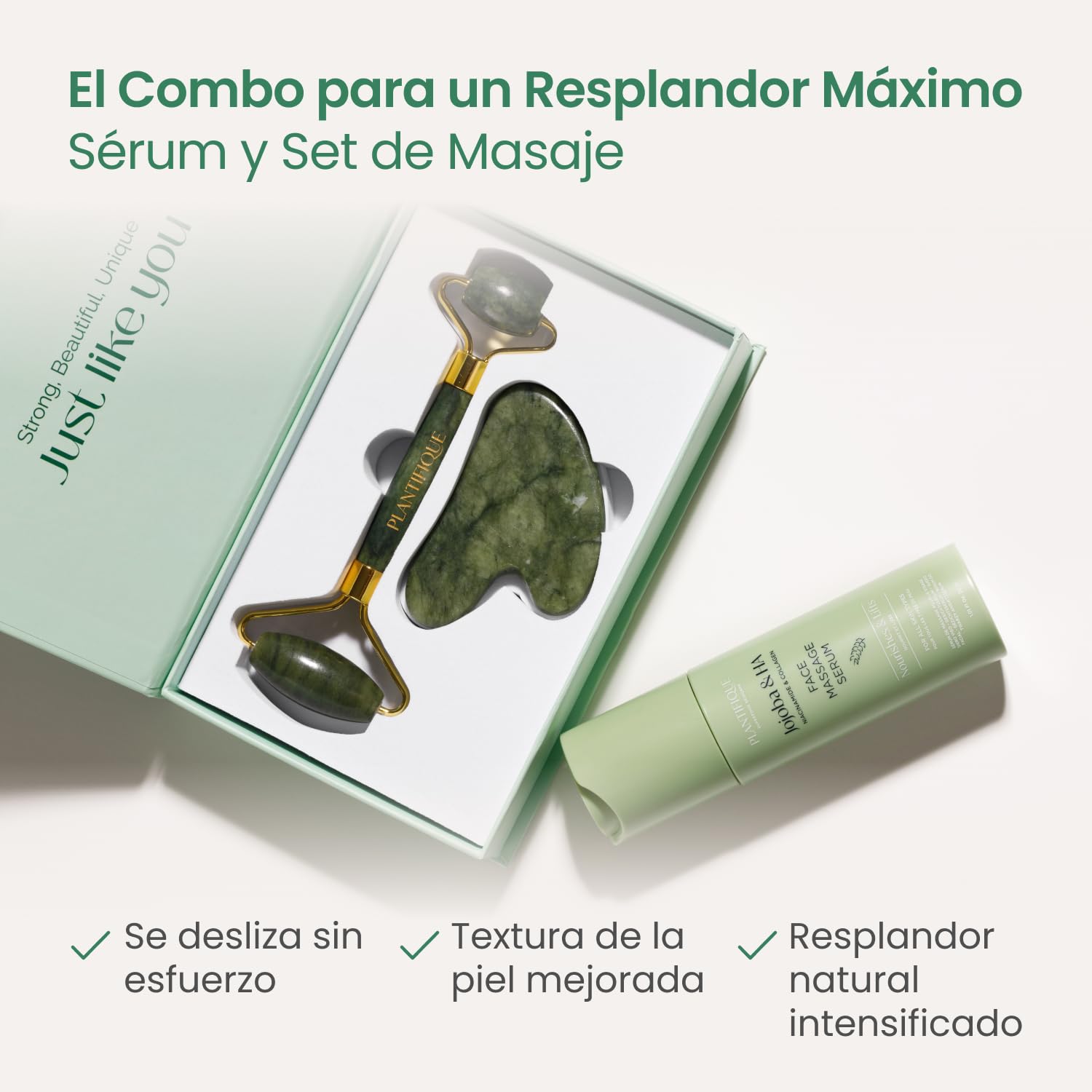 PLANTIFIQUE Gua Sha y Rodillo Facial de Jade - Masajeador Facial Antiarrugas para Tonificar la Piel - Face Roller - Rodillo Masaje y Guasha de Piedra Jade Auténtico — view 3