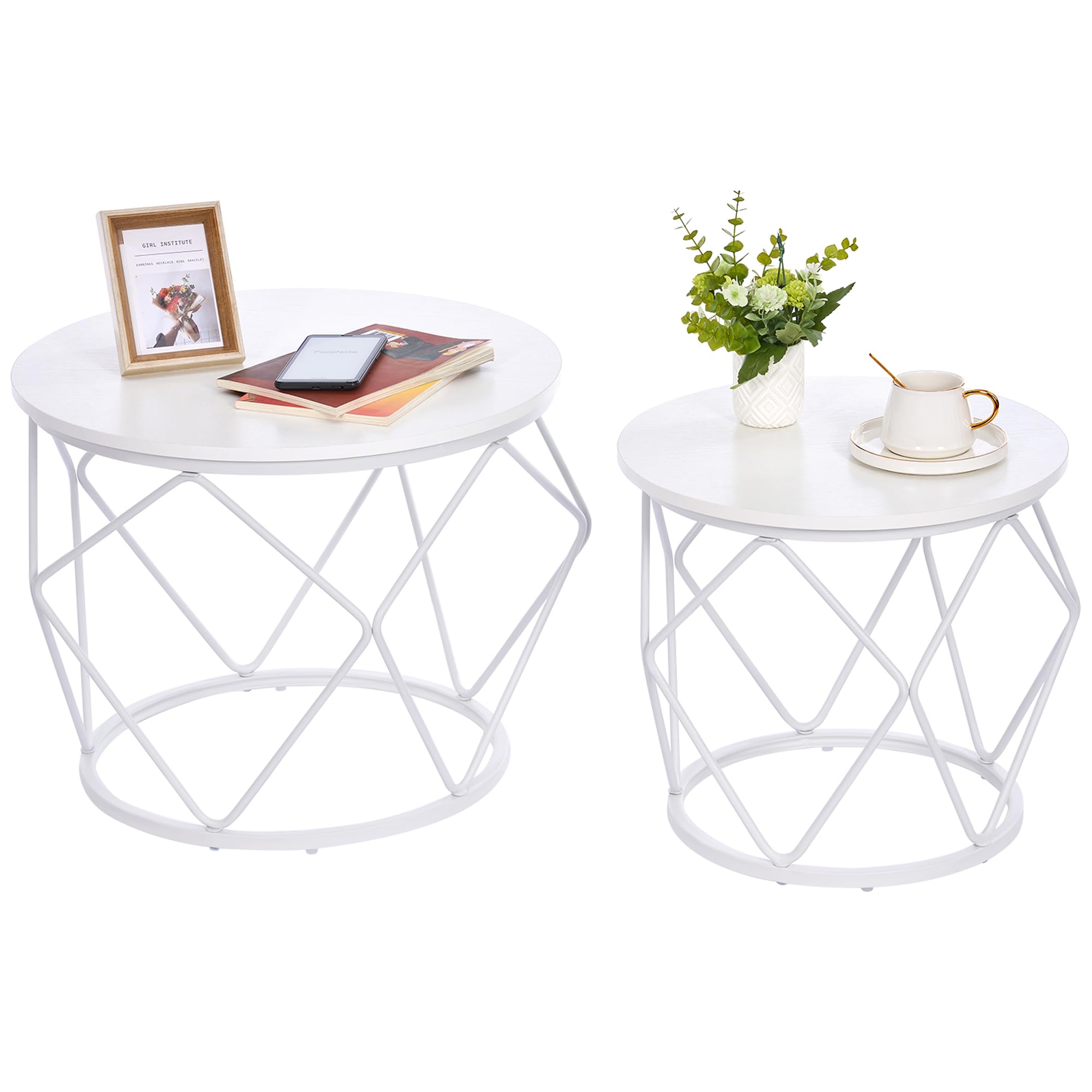 Hzuaneri Mesa de Centro Redonda, Juego de 2 Mesas auxiliares, Juego de Mesas Auxiliar con Estructura de Metal, Pequeña Mesa Auxiliar para Sala de Estar, Dormitorio, Oficina, Blanco CT18703W