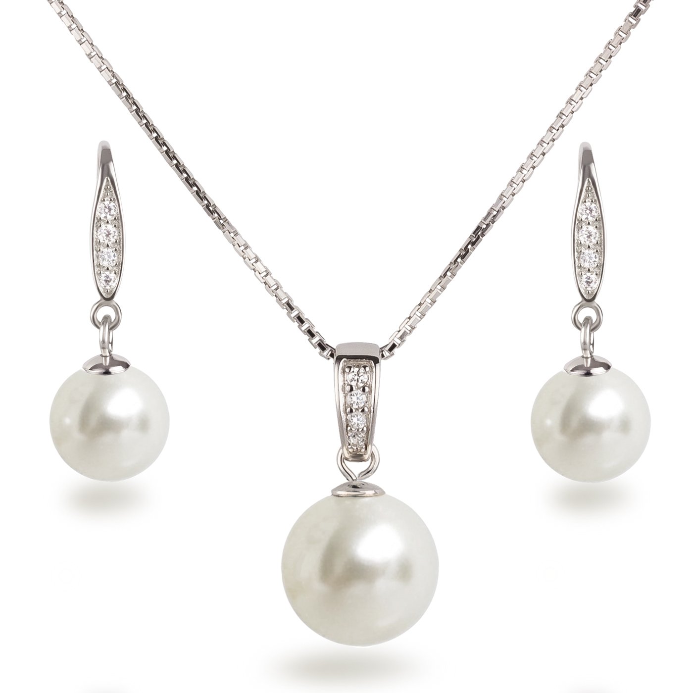 Schöner-SD Schmuckset Perlen Anhänger Kette Ohrhänger Zirkonia 925 Silber Rhodium