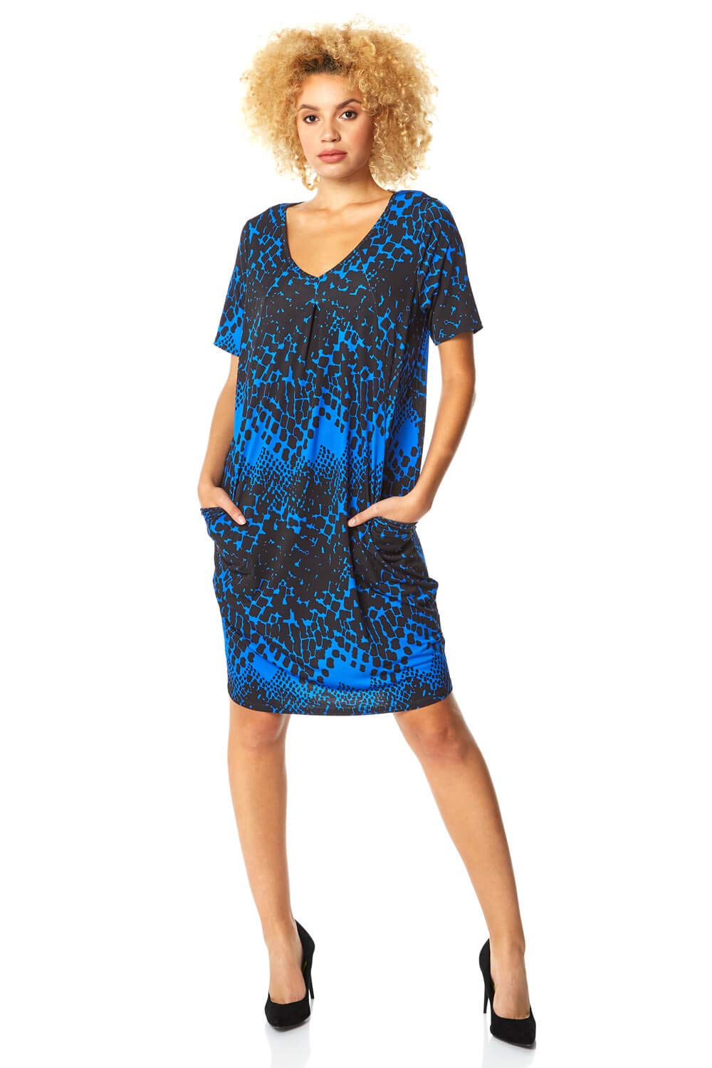 Women Animal Print Dress with Pockets - Ladies Leopard Tunic Shift Jersey Stretchy Slouch Office Smock Smart Loose Cocoon Oversized Fit Party Casual V Neck