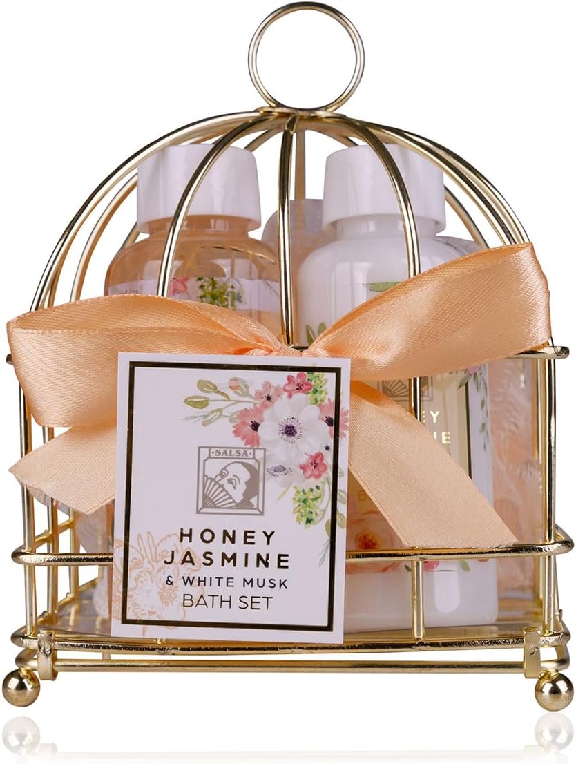 Accentra – doucheset dames cadeauset HONEY JASMINE in een mooie draadmand – 3-delige verzorgingsset met douchegel, bodylotion en badspons – wellness cadeauset voor verjaardagen, Valentijnsdag