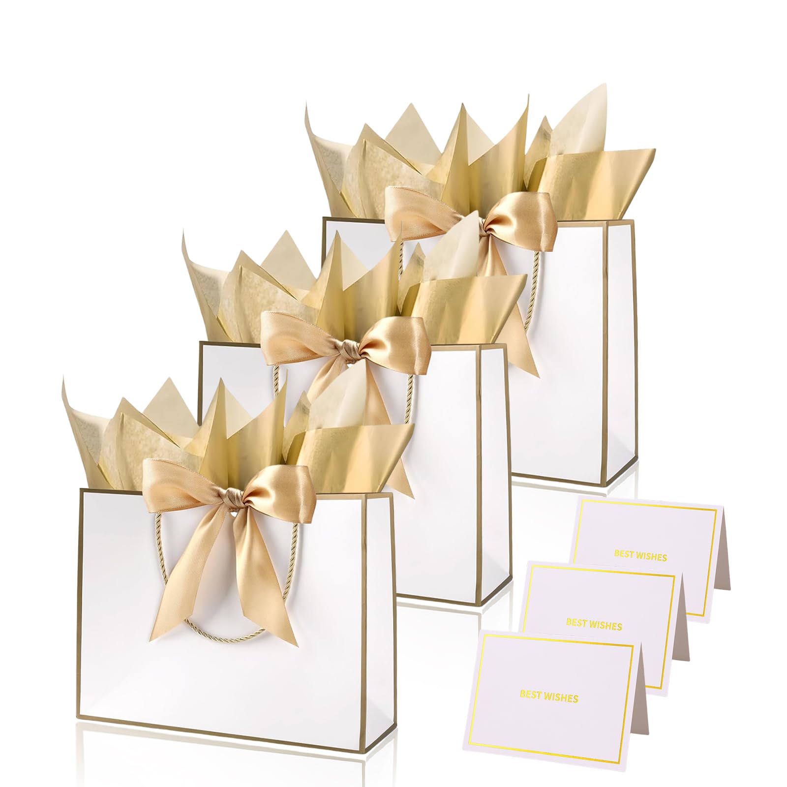 White Gold Gift Bags for Presents,3P Medium Present Bags with 6 Metallic Gold Tissue/3 Card,Personalised Birthday Gift Paper Bag with Ribbon,28*20*10 Wrapping Bag for Christmas Wedding Gift Party Bag — image 1