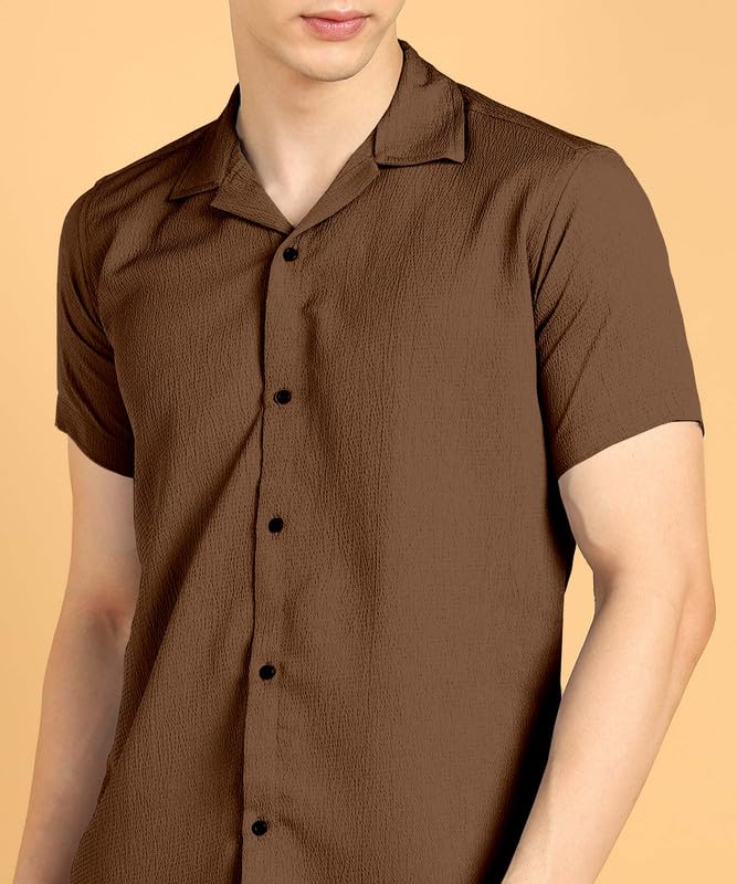 Image of COMBRAIDED Men's Solid Cotton Blend Half Sleeve Shirt - Regular Fit Casual Button-Down Shirt for Office & Travel - Summer & Spring