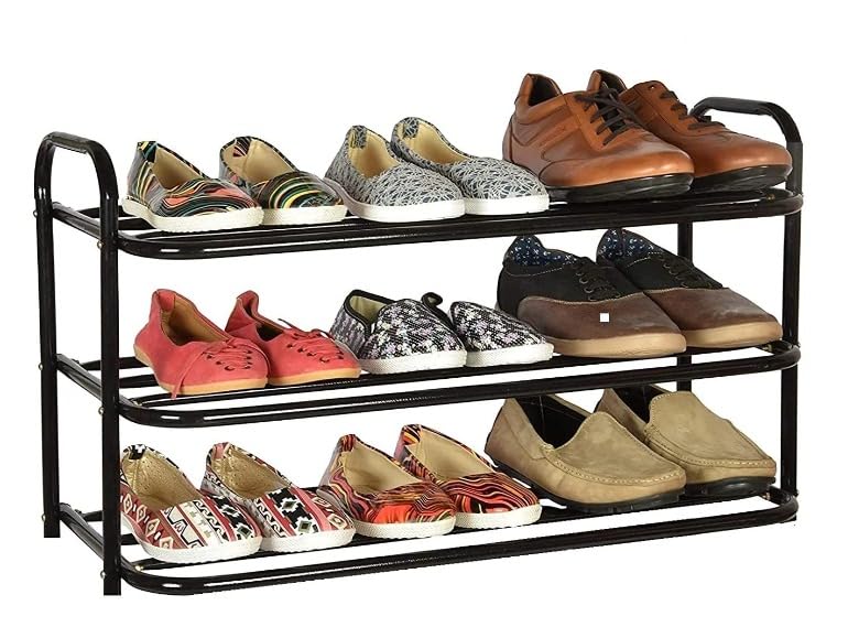 Image of 3 Tier Metal Shoe Rack Organizer Heavy Duty Stackable Shoe Storage Shelf Multipurpose Stand for Entryway Bedroom Closet Utility Space Saving Shoe Stand with Black Finish (Shoe Rack 3-03)