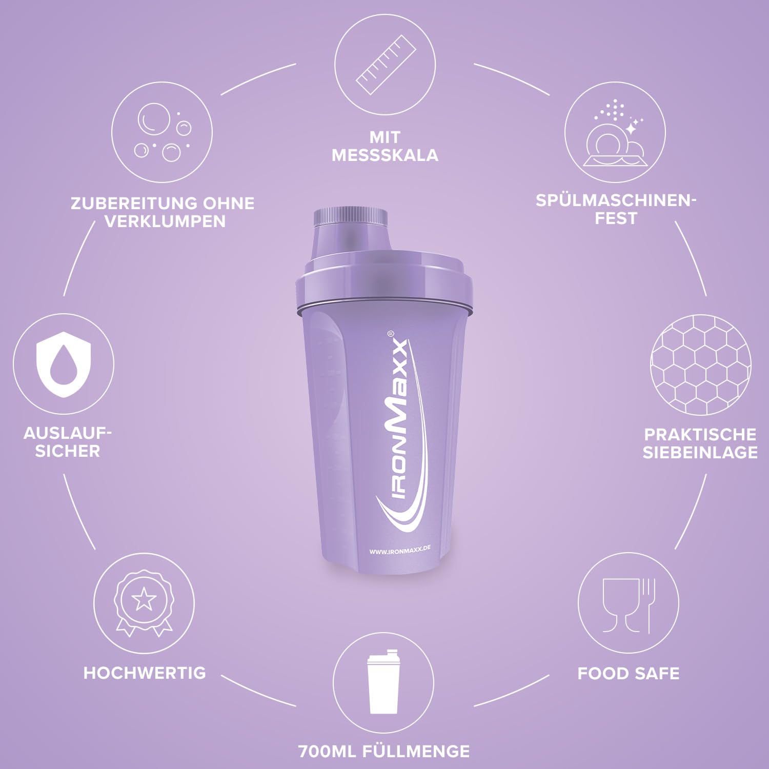 IronMaxx Shaker do białek, lawendowy shaker 700 ml, szczelny, nadaje się do mycia w zmywarce, nie zawiera BPA i DEHP | shaker proteinowy z zamknięciem obrotowym, sitkiem i skalą pomiarową
