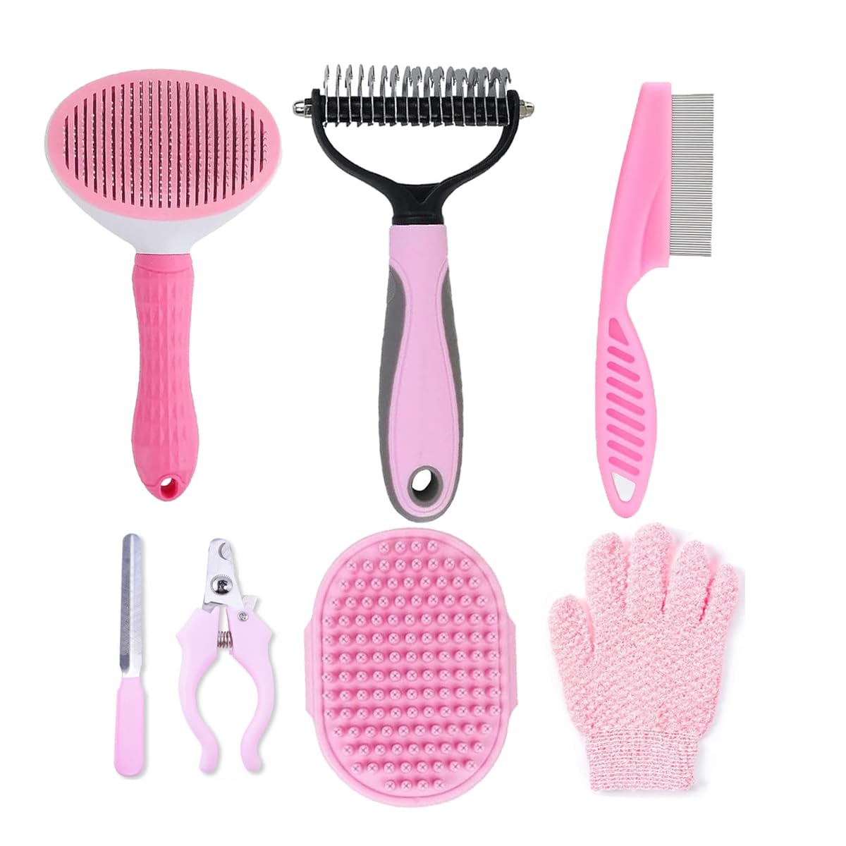 7 PCS Dog Grooming Kits,Pet Shedding Brush?Pet Self-Cleaning Brush with Pet Nail Clipper, Flea Comb and Shampoo Bath Brush