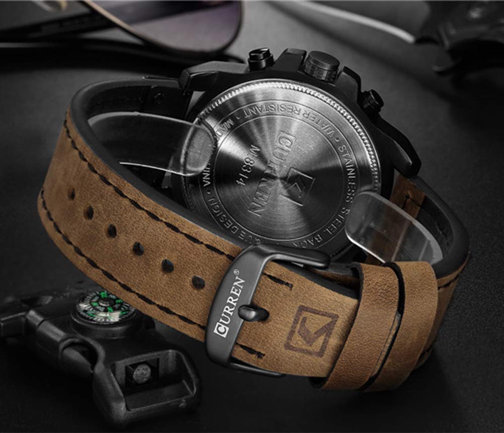Gosasa Men Sport Chronograph Quartz Watch Brown Leather Strap Date 30M Waterproof Military Male Wrist Watch