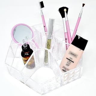 BAKAJI Contenitore Organizer Portatrucco Esagonale in Plastica Trasparente 7 Scomparti Porta Trucchi Smalti Make Up Dimensione 22 x 20 x 8 cm