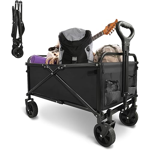 Collapsible Foldable Wagon, Beach Cart Large Capacity, Heavy Duty Folding Wagon Portable, for Outdoor Sports, Shopping, Camping, Black