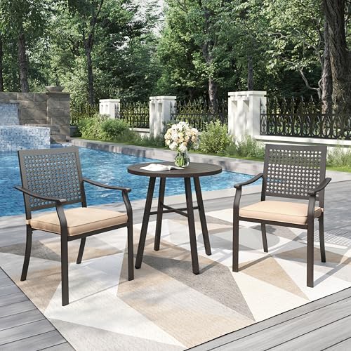 Image of PHI VILLA Outdoor Metal Dining Chairs Set of 2, Black Wrought Iron Stackable Chairs with Cushions, Heavy-Duty Seating Furniture for Patio, Deck, Yard, Porch