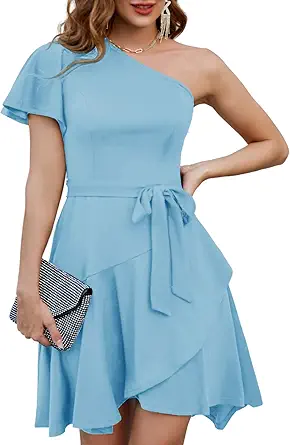 GRACE KARIN Women's Summer Wedding Guest Dress Elegant One Shoulder Cocktail Dress Ruffle Short Sleeve A Line Party Dress